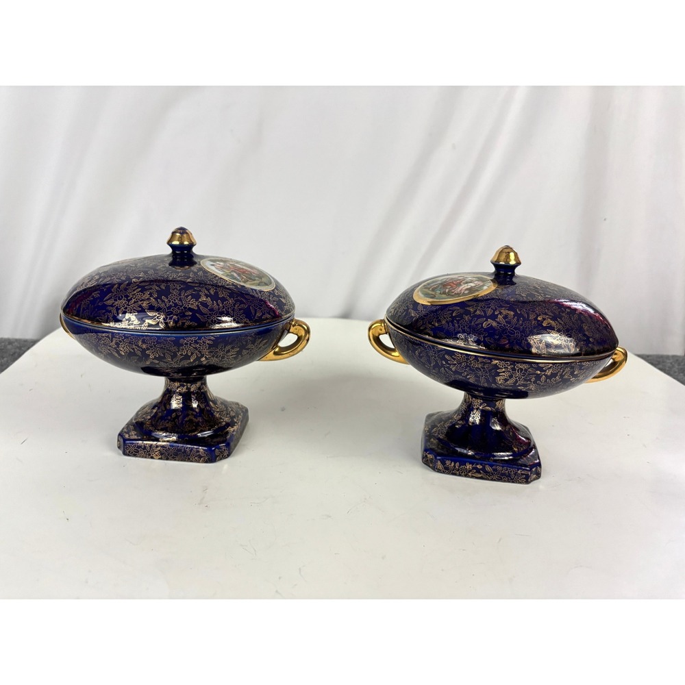 Vintage Cobalt Blue Footed Covered Candy Dish Pair Gold Floral Japan